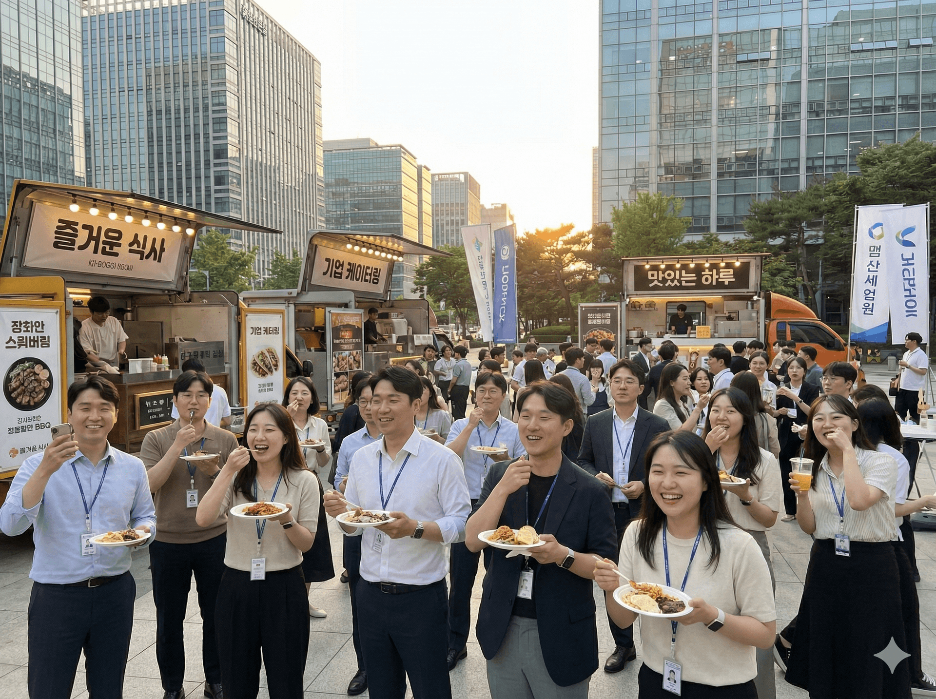 기업 행사에서 푸드트럭을 즐기는 사람들